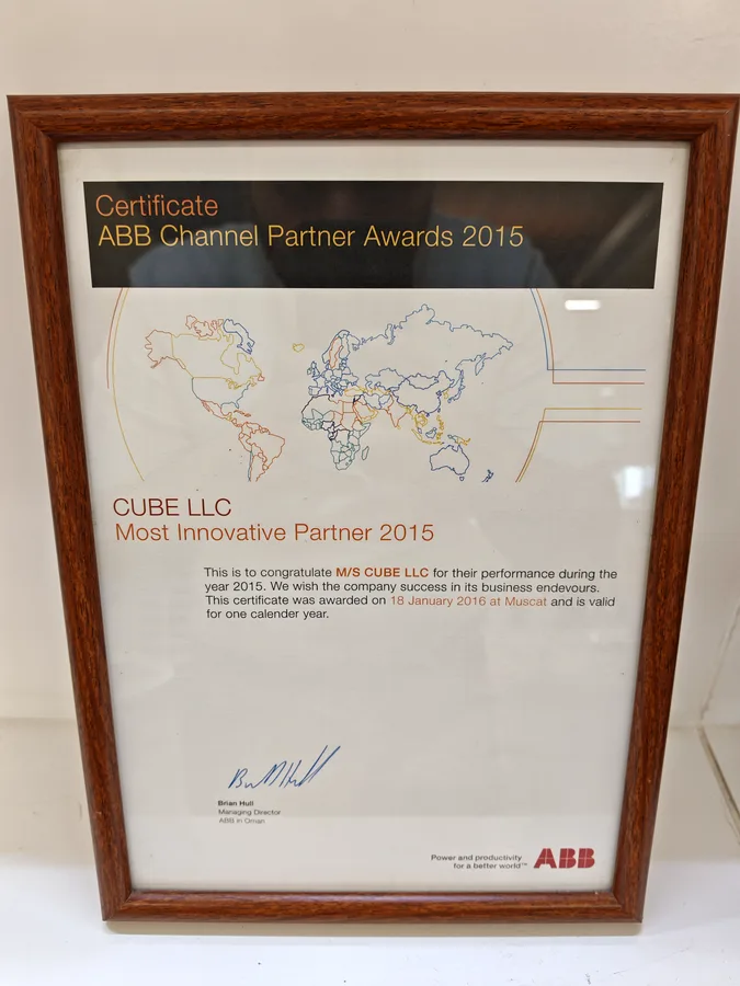 ABB Channel Partner Awards 2015 certificate issued to Mecamac