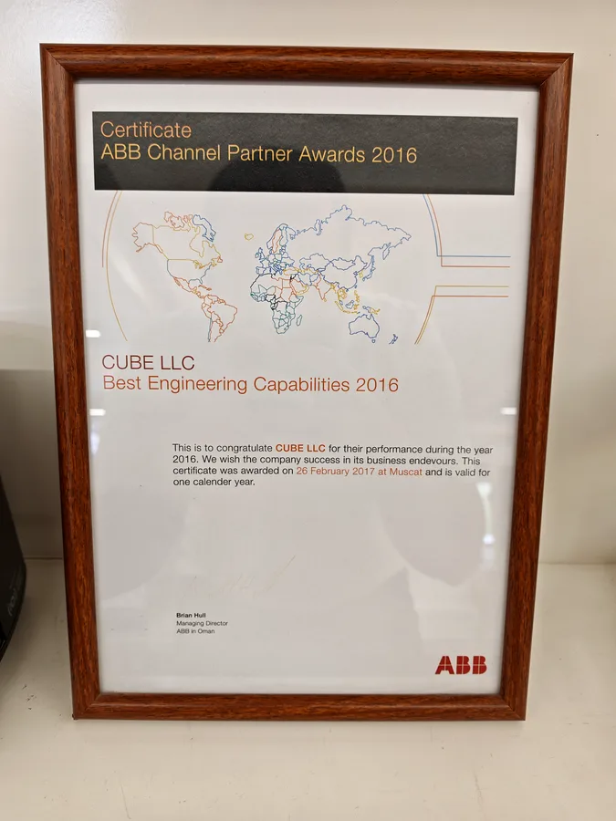 ABB Channel Partner Awards 2016 certificate issued to Mecamac