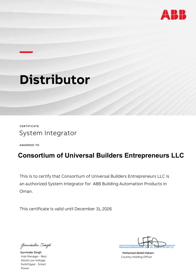 ABB certificate confirming authorised System Integrator status for ABB Building Automation Products in Oman