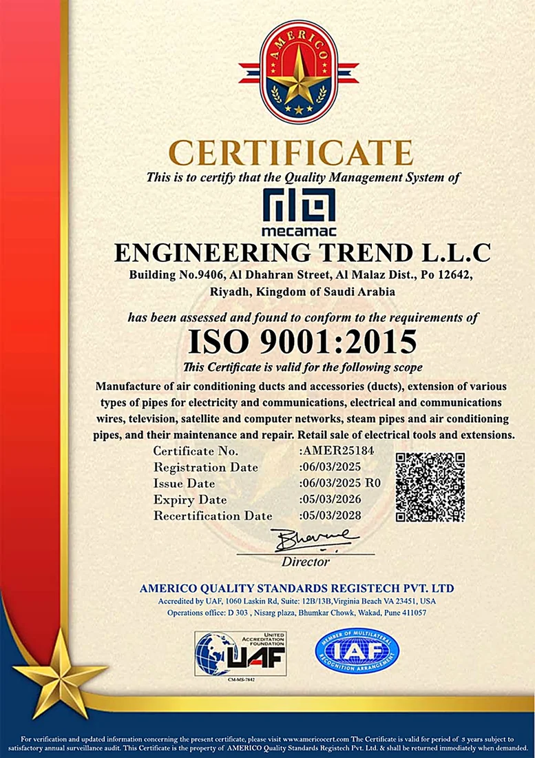 ISO 9001:2015 quality management system certificate held by Mecamac