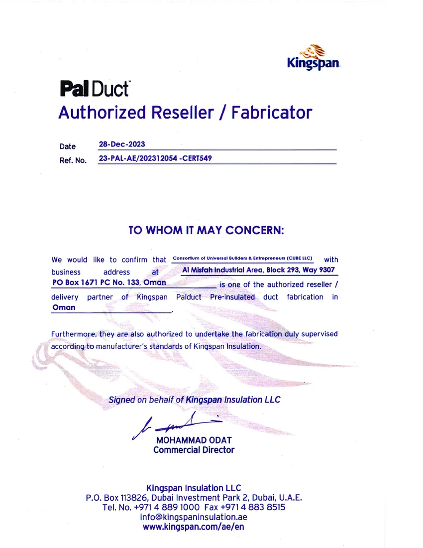 Kingspan PalDuct authorised reseller and fabricator certificate held by Mecamac