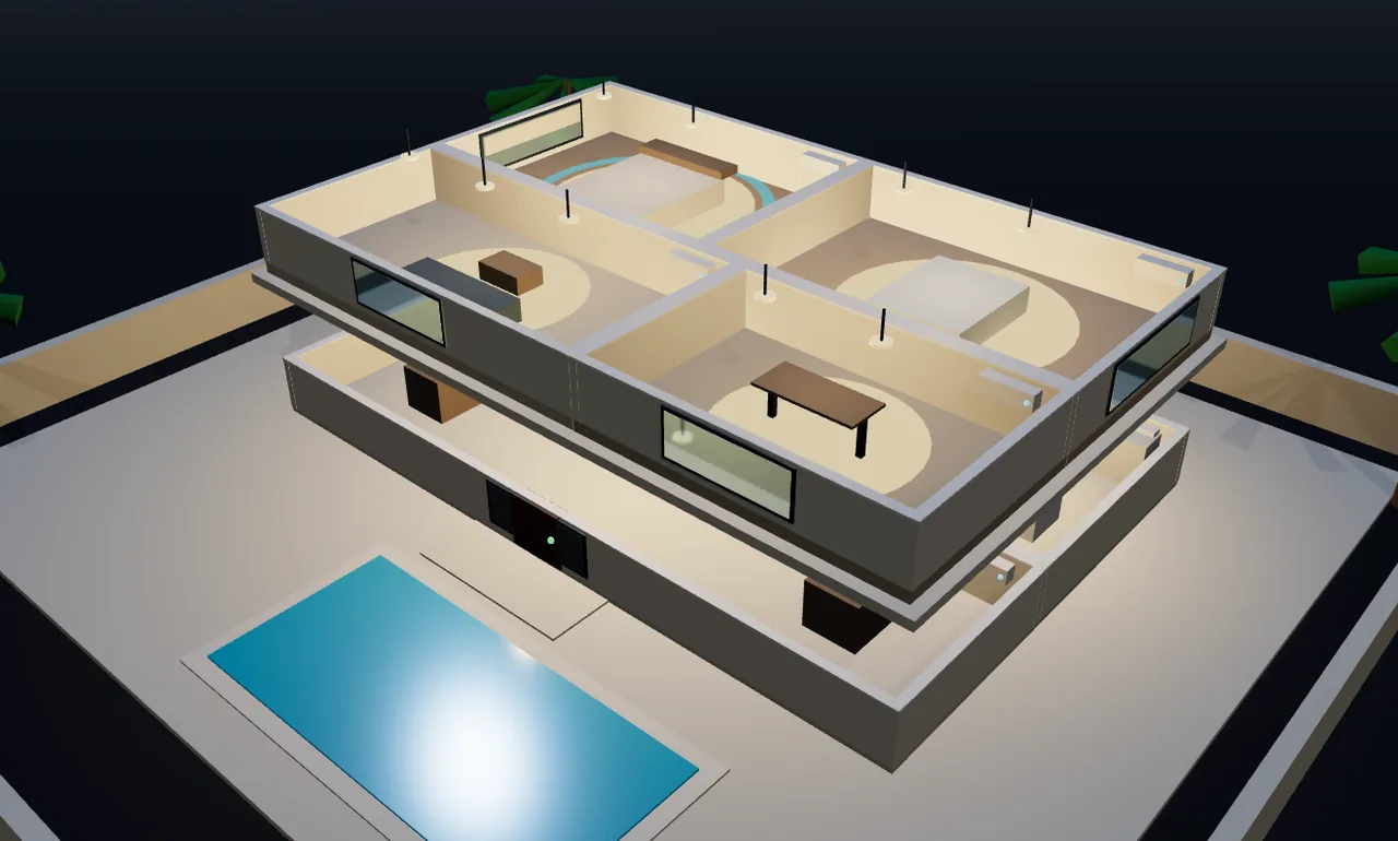 Mecamac 3D smart villa simulator — a two-storey villa at night with every room lit from the control panel